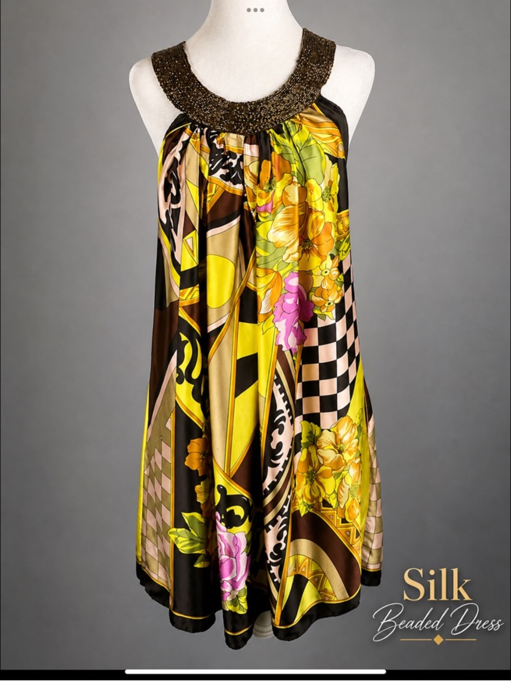 Body Language Paris Silk Beaded Neck Dress One Size Luxe Floral Tunic
